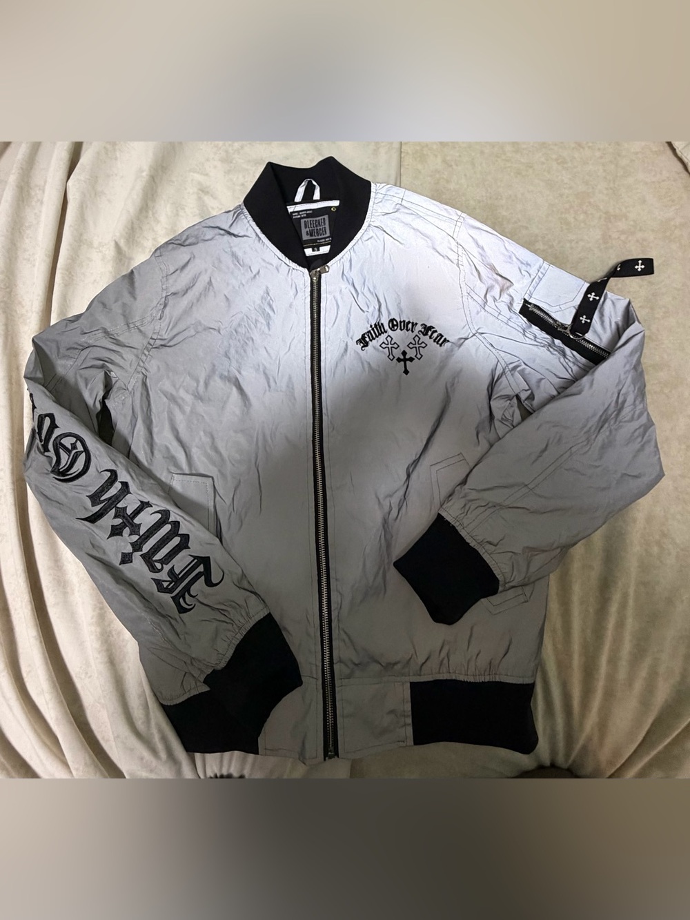 Reflective Silver Bomber Jacket with Black Trim - Men's
